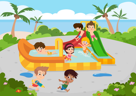 The best summer  child's outdoor activities on the beach. Vector and illustration.のイラスト素材