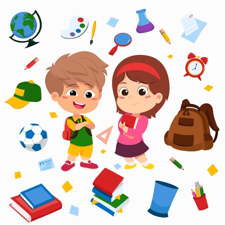 Back to school. Cute kids standing with object schoolのイラスト素材