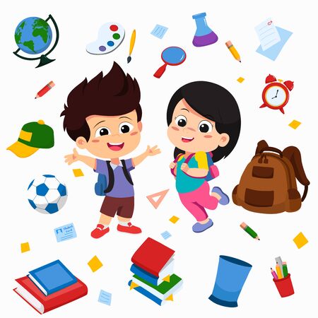 Back to school. Cute kids standing with object schoolのイラスト素材