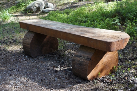 Wooden resting bench in forestの写真素材