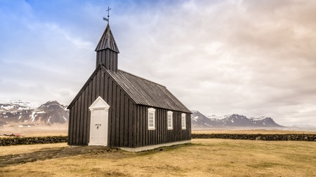 Black church on the peninsula Snafellsnes , Budakirkja,Budir church in Icelandの写真素材
