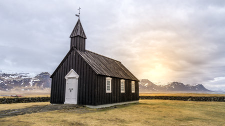 Black church on the peninsula Snafellsnes , Budakirkja,Budir church in Icelandの写真素材