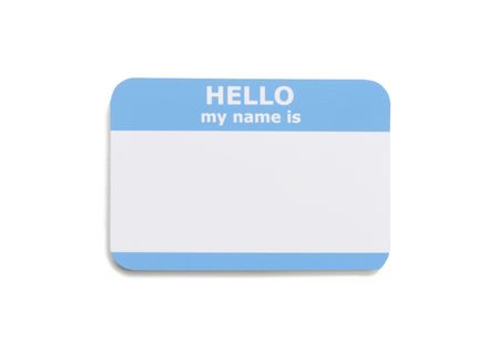 Hello name tag isolated on white backgroundの写真素材