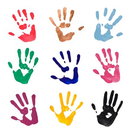 Colorful hand prints from hand painting on white backgroundの写真素材