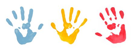 Colorful hand prints from hand painting on white backgroundの写真素材