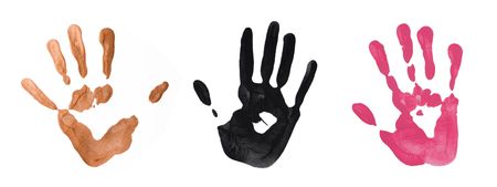 Colorful hand prints from hand painting on white backgroundの写真素材