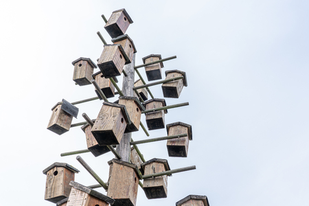 Many wooden bird houses are mounted on a wooden pole. Here birds can make a nest and breed. The symbol also stands for the tight living space in the current housing marketのeditorial素材