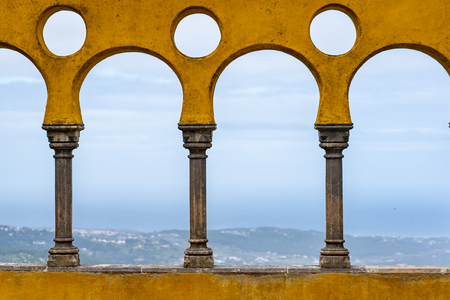 SINTRA / PORTUGAL - November 4, 2019: The Palace of Pena is located just outside Sintra on the hillside and stands out for its colorful and bright colors. It attracts many tourists from all over Europe.のeditorial素材