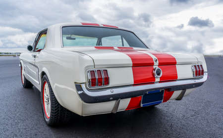 Back view of a classic Ford Mustang 1965 on display at a classic car meeting in Rotterdam...