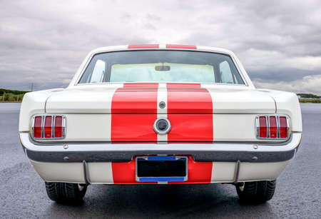 Back view of a classic Ford Mustang 1965 on display at a classic car meeting in Rotterdam...