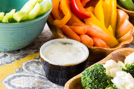 Closeup of assorted cut vegetables and dip.