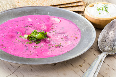 Closeup of bowl of cold beet root soup.の写真素材