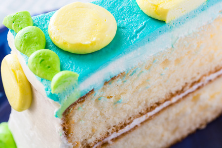 Closeup of  piece of birthday cake on a plate.