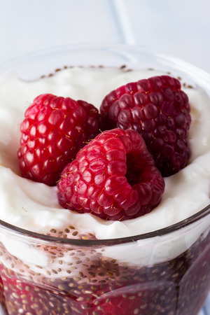 Close up of raspberry chia seed yogurt parfait.の写真素材