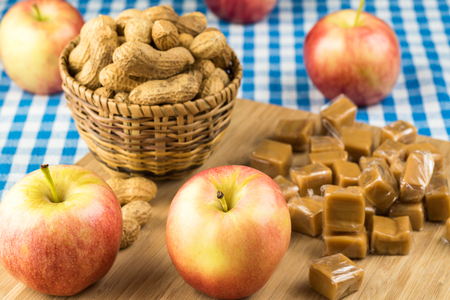 Close up of ingredients for caramel apple.の写真素材