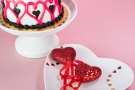 Close up of chocolate cake, decorated for Valentines Day.の写真素材