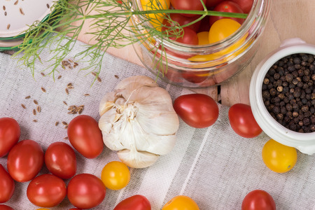 Close up of washed cherry tomatoes prepared for tomatoes pickles.の写真素材