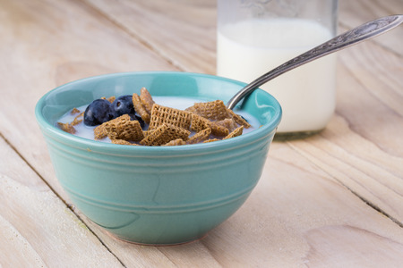 Close up of bowl with wheat cereal, blueberries and milk for breakfast.