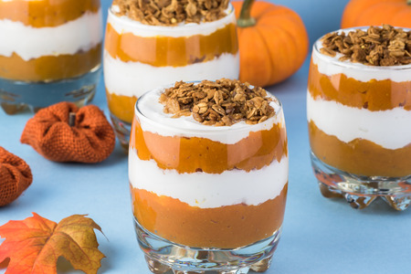 Close up of glasses of pumpkin pie vanilla yogurt parfait.の写真素材