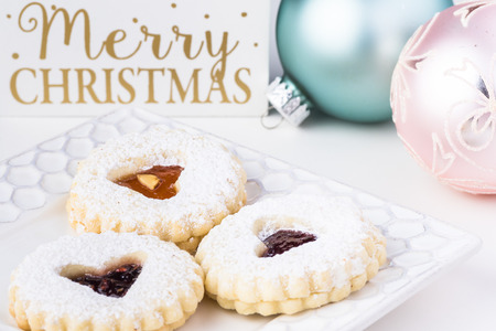 Close up of assorted italian cookies and Christmas decoration.の写真素材