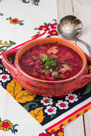 Close up of bowl with traditional russian borsch.の写真素材