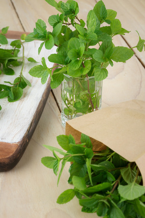 Close up of fresh cut garden mint on a wooden background.