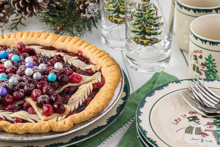 Close up of cranberry pie on party table served for Christmas holiday.の写真素材