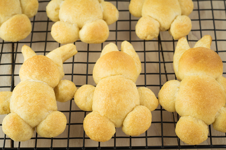 Close up of cooling rack with fresh homemade baked bunny rolls for Easter celebration.の写真素材