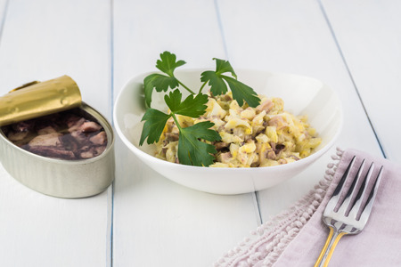 Close up of bowl with calamari egg onion salad.の写真素材