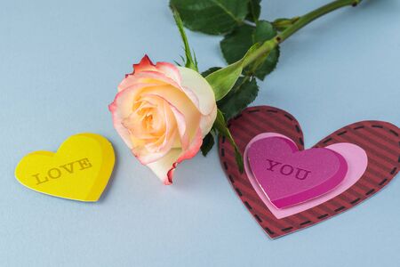 Close up of rose  and heart shaped symbols of love for Valentines Day.の写真素材