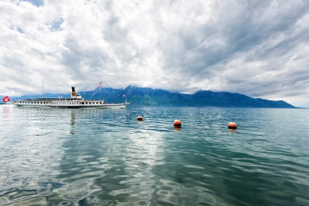 Panorama of Geneva lake with steamboat, Montreux. Switzerlandの写真素材