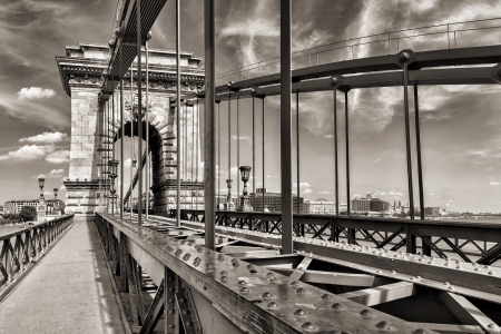 Hungarian landmark, Budapest Chain Bridge day monochrome viewのeditorial素材
