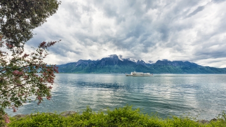 Bank of the Geneva lake with steam boat, Montreux  Switzerlandの写真素材