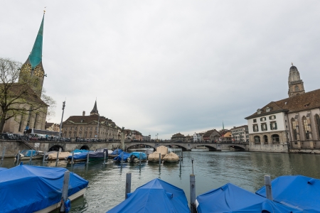 Historical center of the Zurich with bridge and churches, Switzerland.の写真素材
