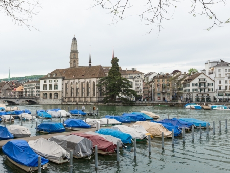 Historical center of the Zurich with bridge and churches, Switzerland.の写真素材