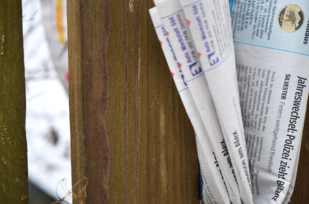 Delivery of a folded newspaper clamped between pickets of a wooden garden fence in Berlin, Germany - January 13 2018のeditorial素材