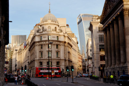 Traffic at the street corner Cornhill/Lombard St in the bank district of London near the Bank...