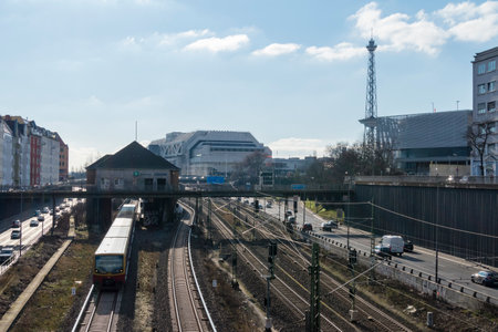 Highway junction and railroad lines leading under bridges in front of the former International Congress Center ICC - Berlin, Germany - 02/04/2018のeditorial素材