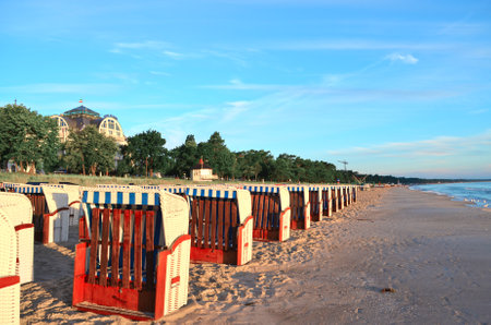 Binz, Germany - August 17, 2016: Houses and beach chairs in the sun rising on the island of Ruegenのeditorial素材
