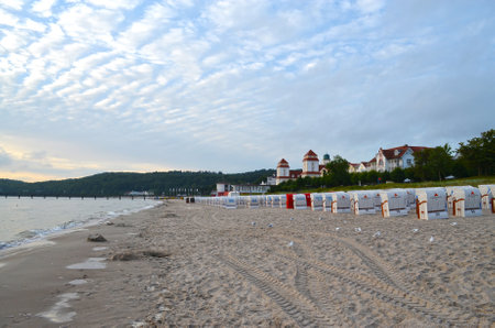 Binz, Germany - August 16, 2016: Houses and beach chairs in the morning on the island of Ruegenのeditorial素材