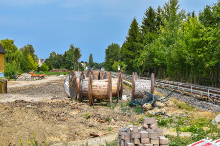 Berlin, Germany - July 22, 2018: Construction area in South-Berlin as preparation for the broadening railroad line for the rail connection between Berlin and Dresden, Germanyのeditorial素材