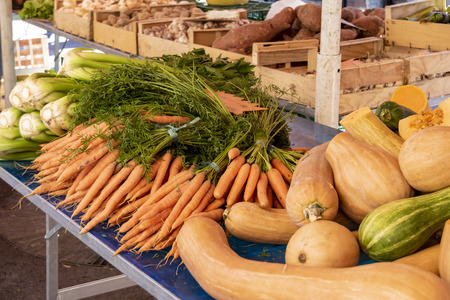 View over the displays of a market stall with pumpkins, carrots, celery and other vegetables.