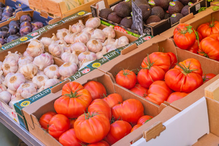 Nice, France - October 5, 2018: View of a market stall with different food on a market in Nice.のeditorial素材