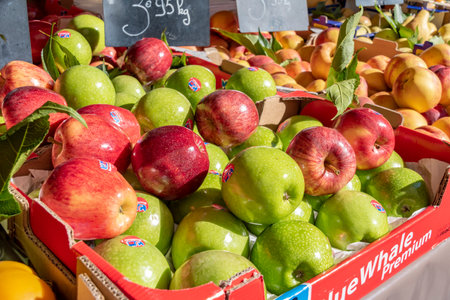 Nice, France - October 5, 2018: View of a market stall with different food on a market in Nice.のeditorial素材