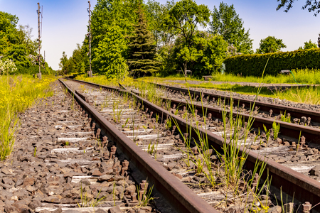 Low angle shot of a disused railway track in Brandenburg, Germany, which is only used for trips with a draisine.の写真素材