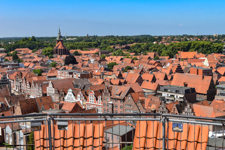 Lueneburg, Germany - June 5, 2018: View from the old water tower of the historic Hanseatic city of Lueneburg, Germany, over the rooftops of the old town.のeditorial素材