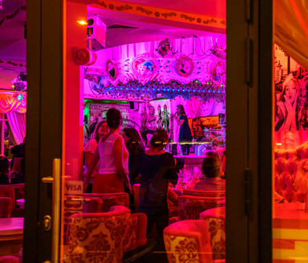 Berlin, Germany - August 3, 2019: Nightlife in Berlin, Germany. You see illuminated restaurants that you can visit in the middle of Berlin.のeditorial素材