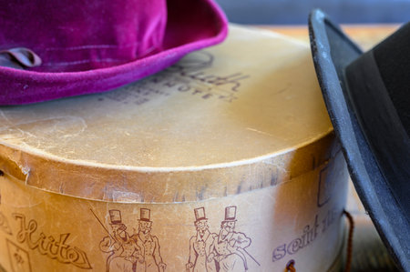 Berlin, Germany - August 25, 2019: A historic hatbox from Berlin in the 19th century with two old...