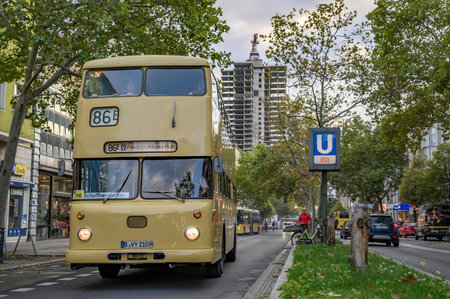 Berlin, Germany - October 5, 2019: Historic bus, which is used in public transport as part of an annual special trip in Berlin-Steglitz, Germany.のeditorial素材