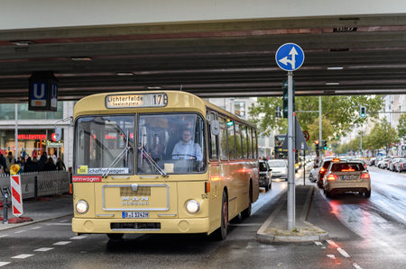 Berlin, Germany - October 5, 2019: Historic bus, which is used in public transport as part of an annual special trip in Berlin-Steglitz, Germany.のeditorial素材